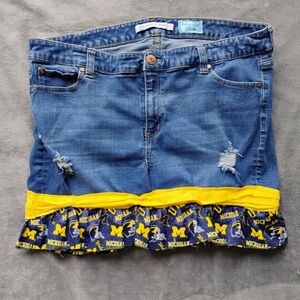 Celebrity Pink Denim Skirt with Yellow and Blue Ruffle